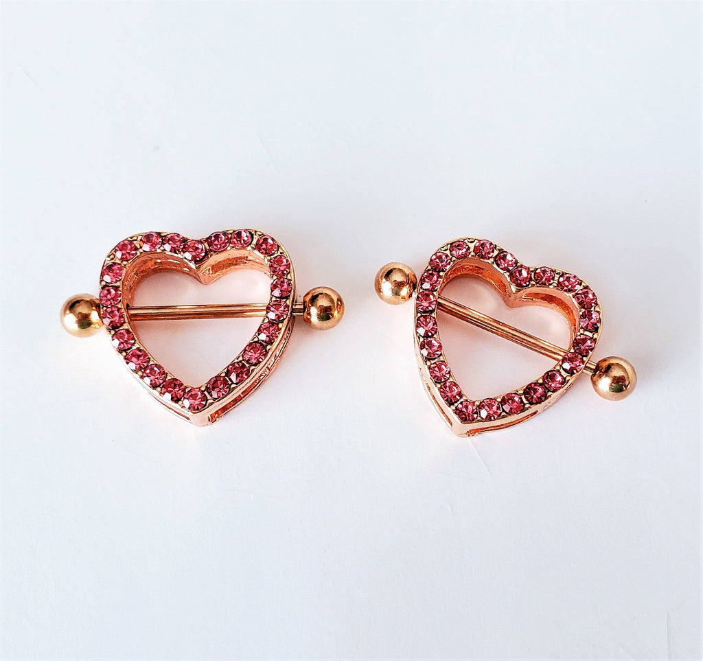Crystal Hearts Pierced Nipple Rings 14G Sexy Nipple Barbell Jewelry