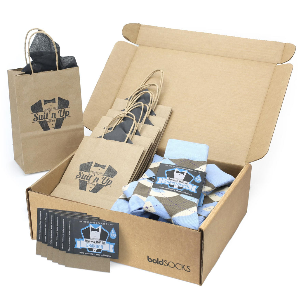 Customizable Groomsmen Gift Set Light Blue Brown Argyle Men’s Dress Socks