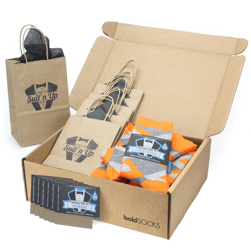Customizable Groomsmen Gift Set Tangerine Orange Grey Argyle Men’s Dress Socks