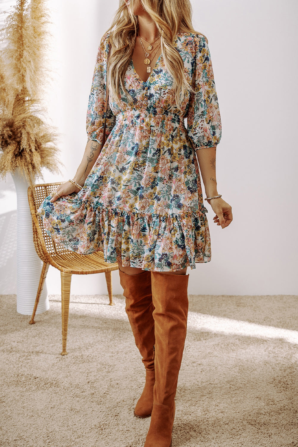Floral 3/4 Sleeve V-Neck High Waist Ruffle Dress