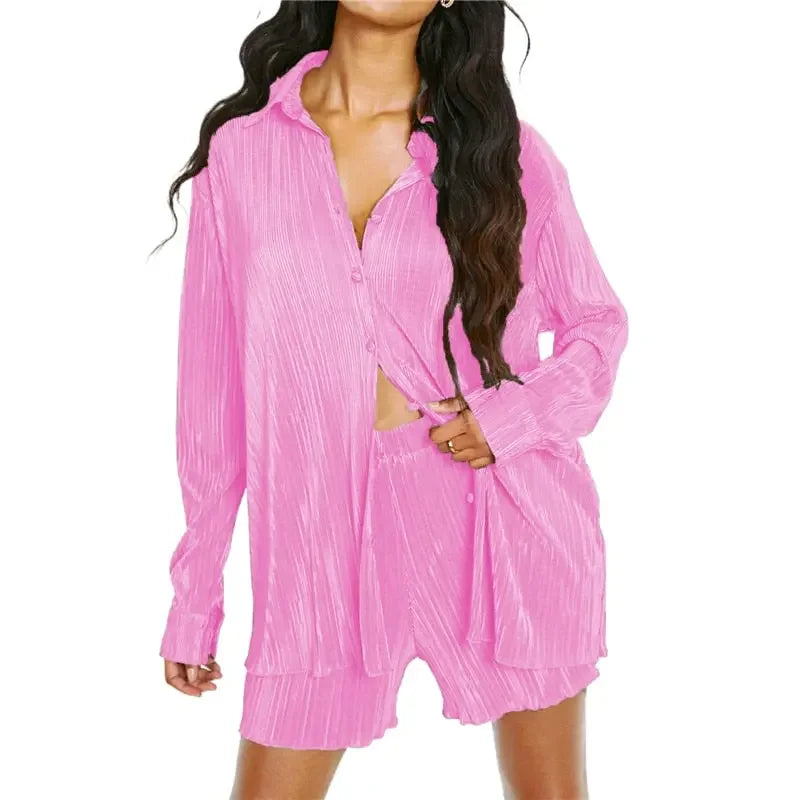Essentials Long Sleeve Button Down Shirt Tops and Shorts Set