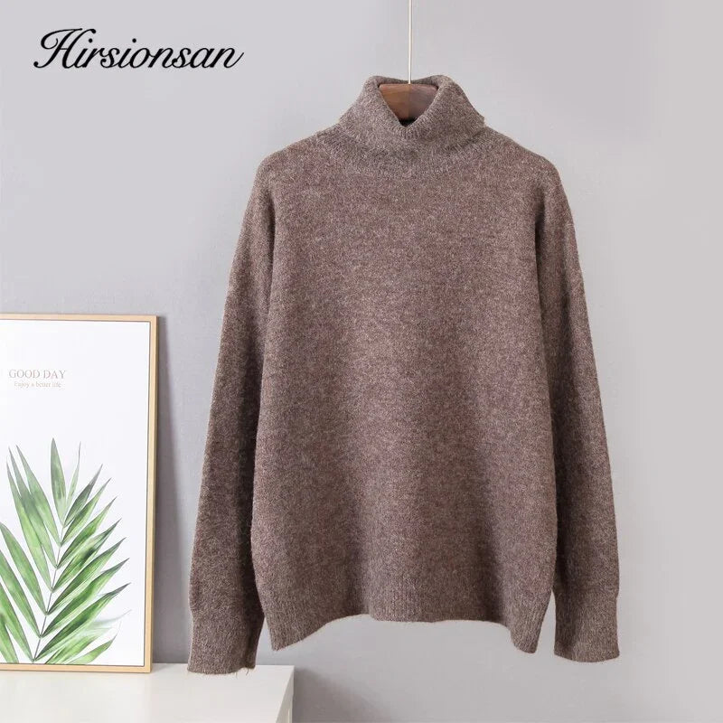 Hirsionsan turtle Neck Solid Cashmere Sweater Women Elegant Soft Warm Female Knitted Pullovers Basic Loose female Jumper