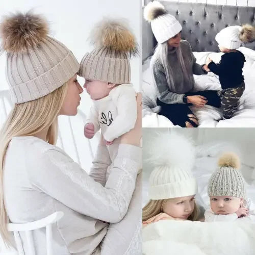 Winter Knit Mother & Child Beanie Pom Hat