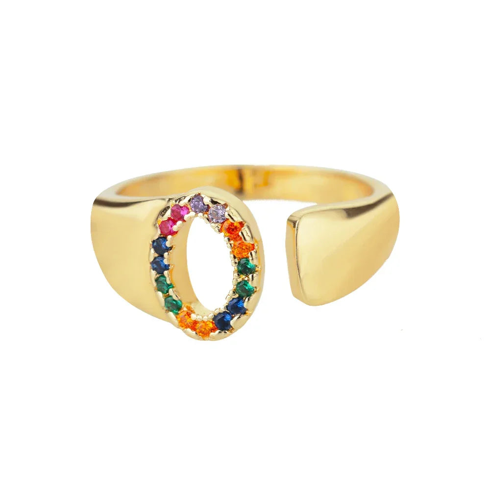 Rainbow Zircon Letter Rings For Women Fashion Chunky Wide Letter A-Z Stainless Steel Ring Wedding Boho Jewelry Gift 2024