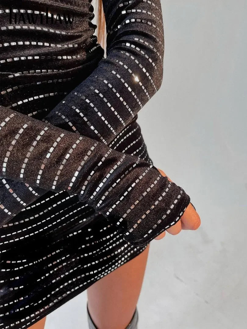 Hawthaw Women Fashion Autumn Winter Long Sleeve Bodycon Party Club Black Sequin Mini Dress 2021 Wholesale Items For Business