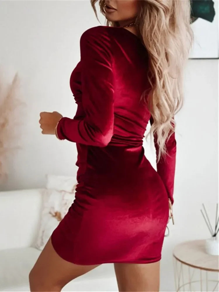 Autumn Velvet V-Neck Bodycon Dress