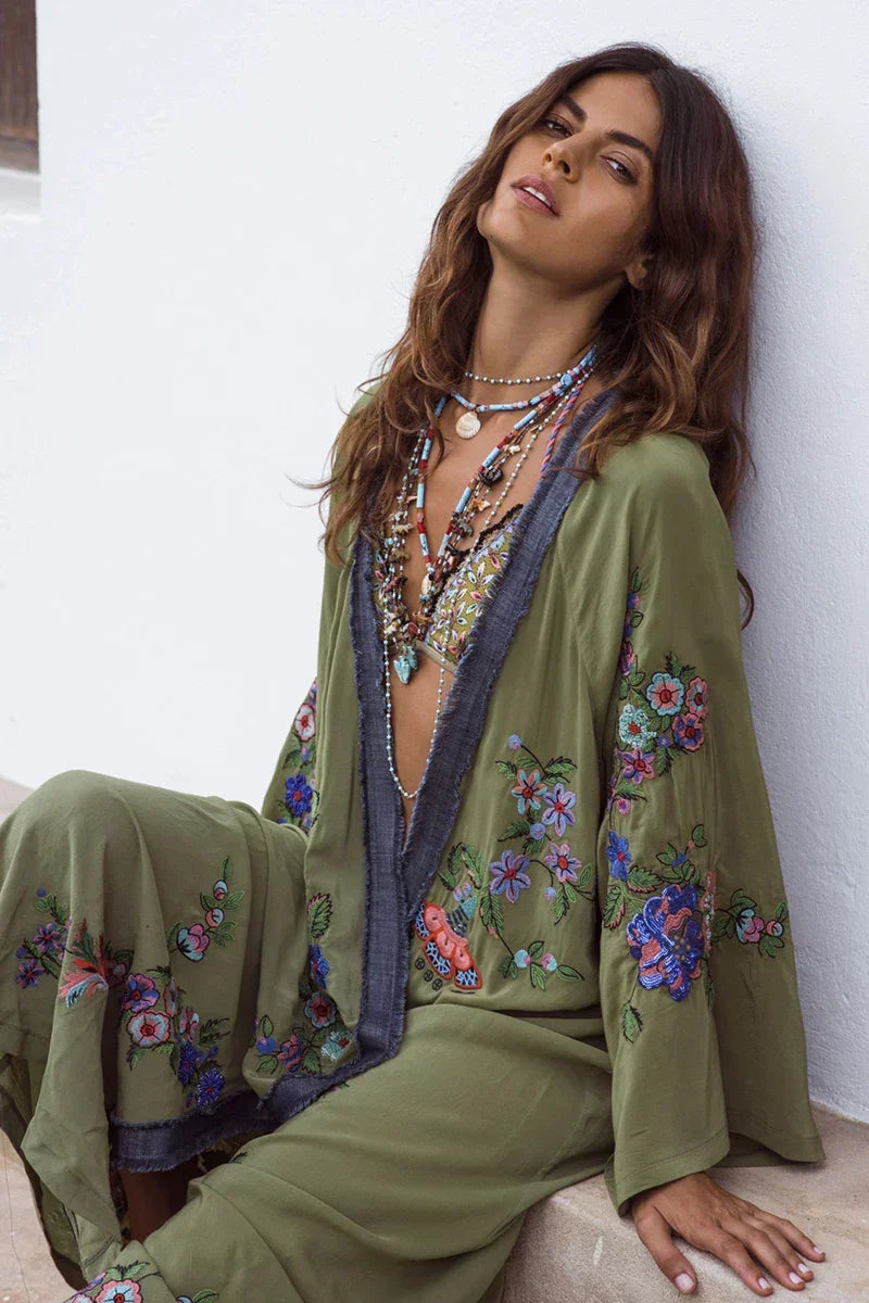 Long Boho Floral Embroidery Beach Kimono