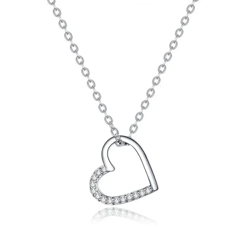 BISAER 925 Sterling Silver Simple Love Heart Pendant Necklace Zircon Adjustable Chain For Women Wedding Fine Jewelry 3 Colors