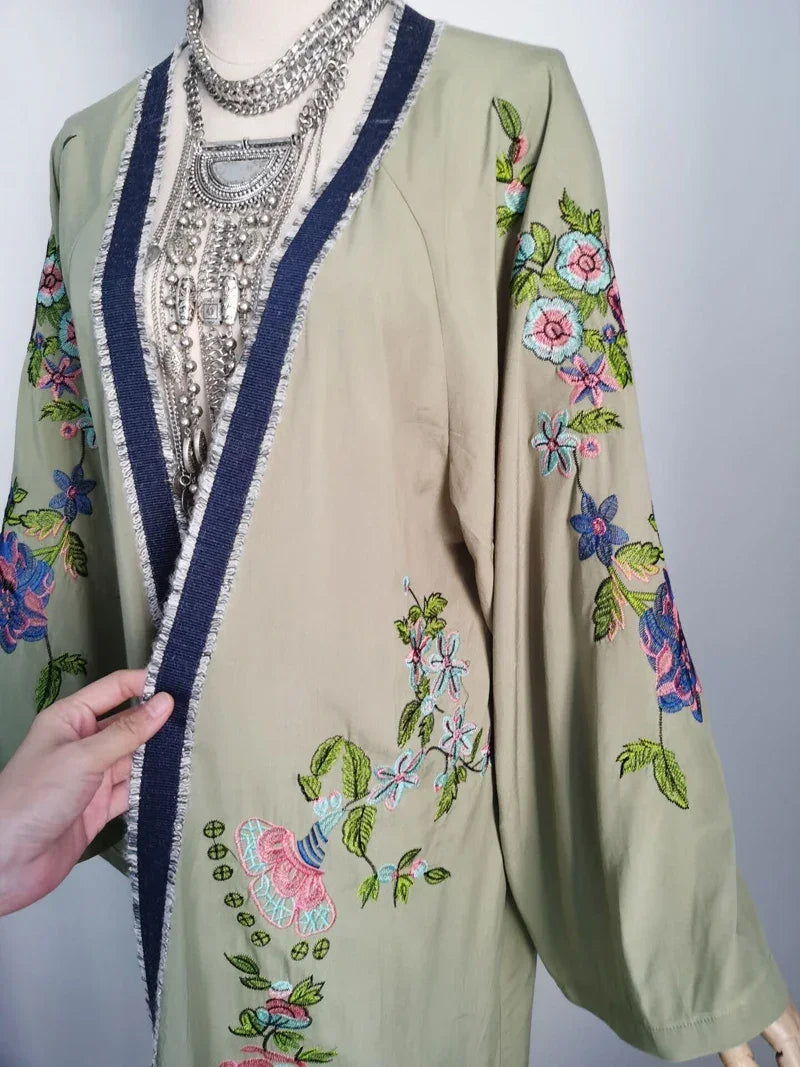 Long Boho Floral Embroidery Beach Kimono