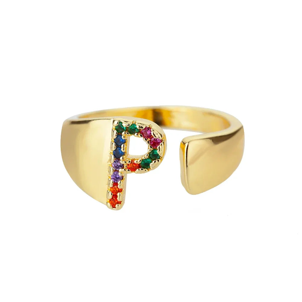 Rainbow Zircon Letter Rings For Women Fashion Chunky Wide Letter A-Z Stainless Steel Ring Wedding Boho Jewelry Gift 2024