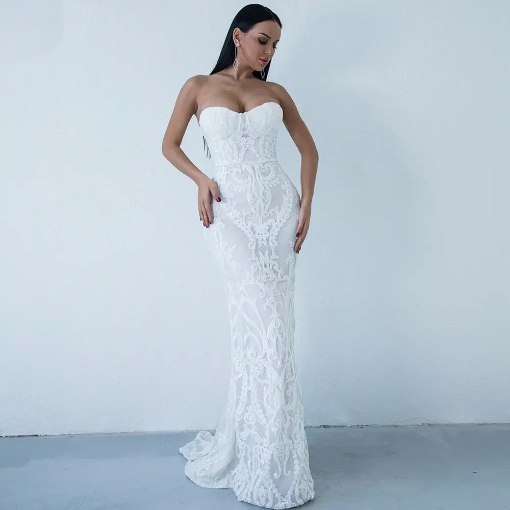 New Years Strapless Sequin Floor Length Party Dress