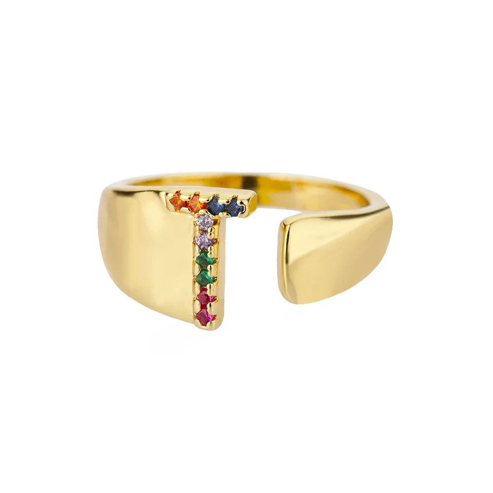 Rainbow Zircon Letter Rings For Women Fashion Chunky Wide Letter A-Z Stainless Steel Ring Wedding Boho Jewelry Gift 2024