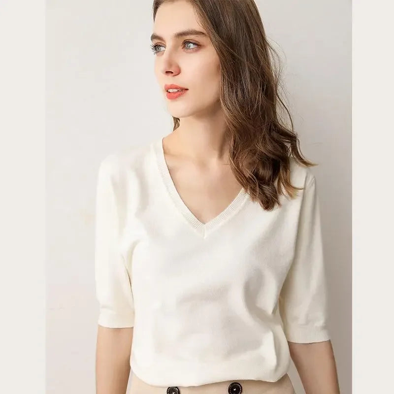 Spring/Summer 2023 Ladies Sweater Pullover Solid Color V-neck Half-sleeved Knitted Cashmere Sweater Thin Casual Top