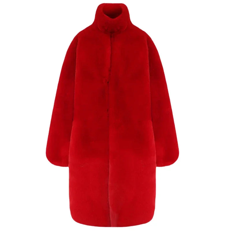 Nerazzurri Oversized Red Thick Warm Soft Fluffy Faux Fur Coat Women 2022 Raglan Seeve Stylish Thick Long Fur Coats for Winter