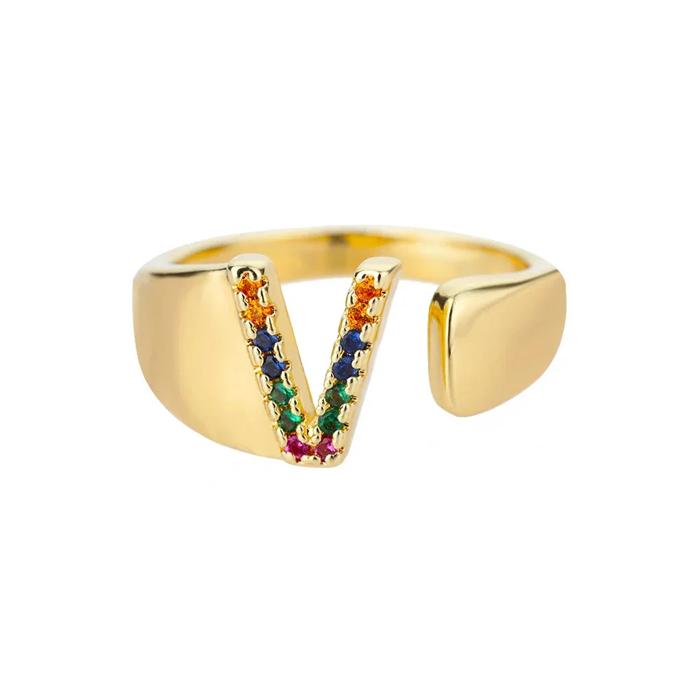 Rainbow Zircon Letter Rings For Women Fashion Chunky Wide Letter A-Z Stainless Steel Ring Wedding Boho Jewelry Gift 2024