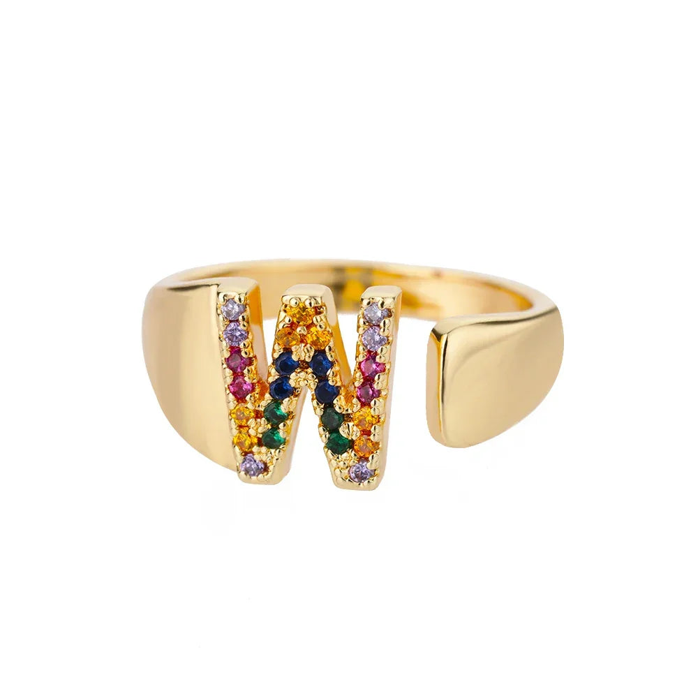 Rainbow Zircon Letter Rings For Women Fashion Chunky Wide Letter A-Z Stainless Steel Ring Wedding Boho Jewelry Gift 2024