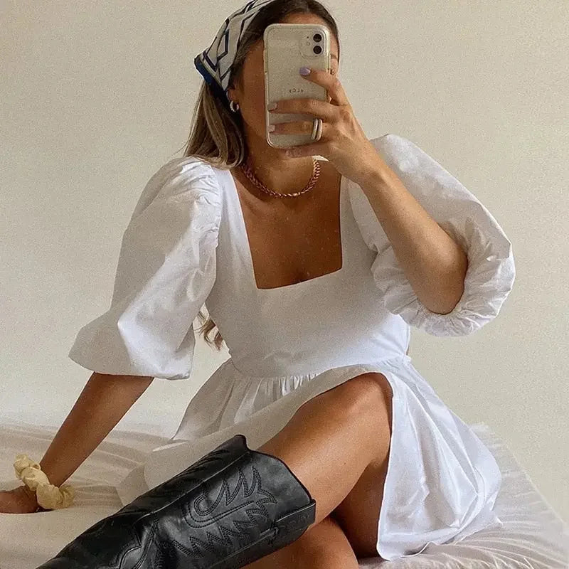 Sexy Backless Lace Up Mini Dresses Boho White Puff Sleeve Sweet Dress Chic Women Elegant Lady for Wedding Party Summer Clothes