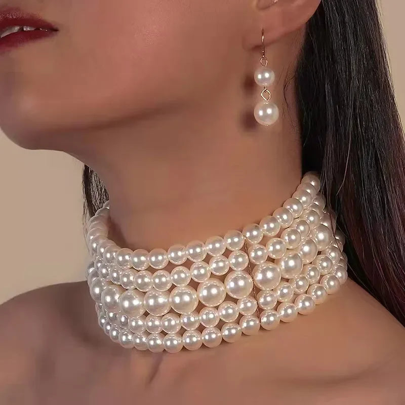 Pearl Necklace & Pendant Multi Layer Torques African Necklace Sets Dubai Wedding Bridal Jewelry Luxury Women Fashion Collar