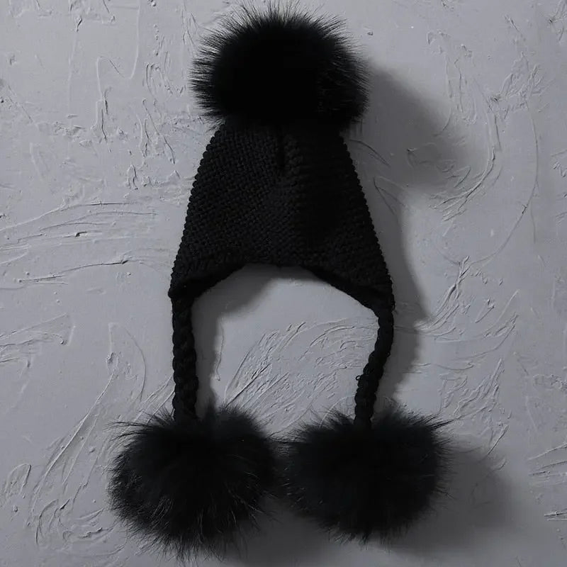 Knitted Baby Hat with Three Real Fur Pompom Children Beanie Boy Girl Natural Raccoon Fur Ball Kids Cap Cute Real Fur Pom Pom Hat