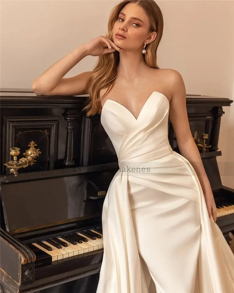 Ivory Satin Detachable Train Mermaid Gown