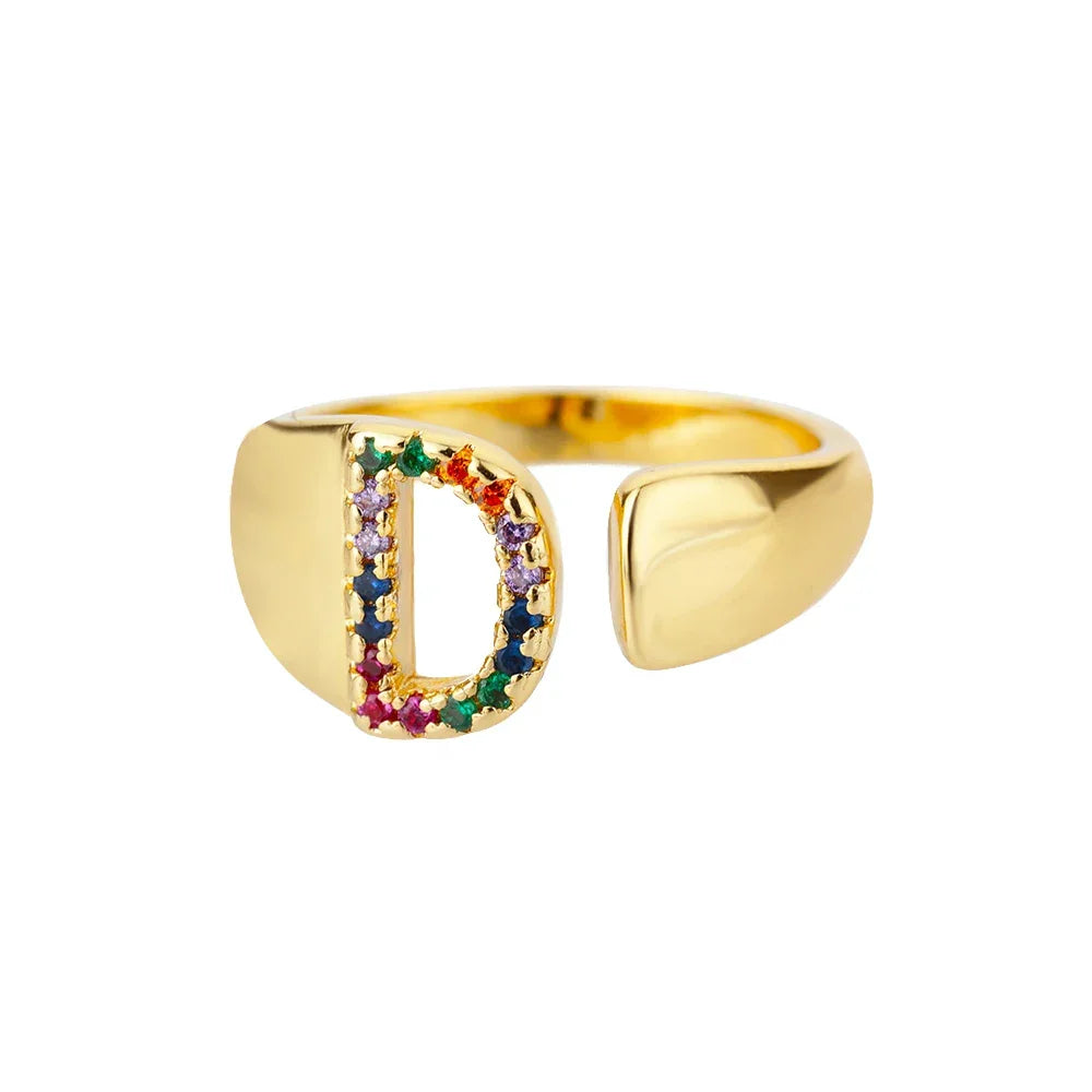 Rainbow Zircon Letter Rings For Women Fashion Chunky Wide Letter A-Z Stainless Steel Ring Wedding Boho Jewelry Gift 2024