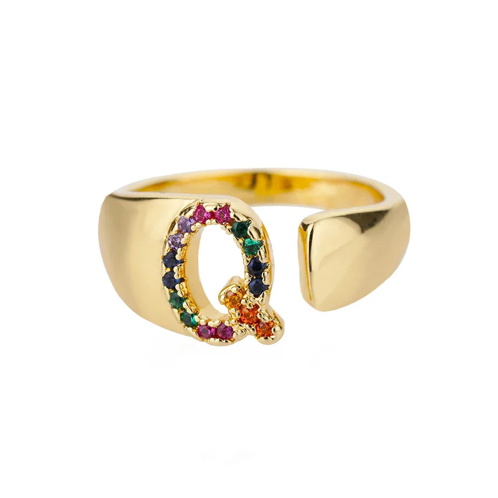 Rainbow Zircon Letter Rings For Women Fashion Chunky Wide Letter A-Z Stainless Steel Ring Wedding Boho Jewelry Gift 2024