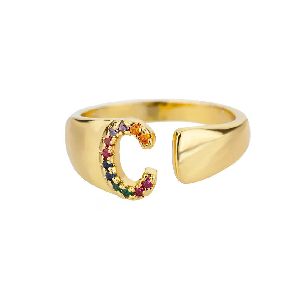 Rainbow Zircon Letter Rings For Women Fashion Chunky Wide Letter A-Z Stainless Steel Ring Wedding Boho Jewelry Gift 2024