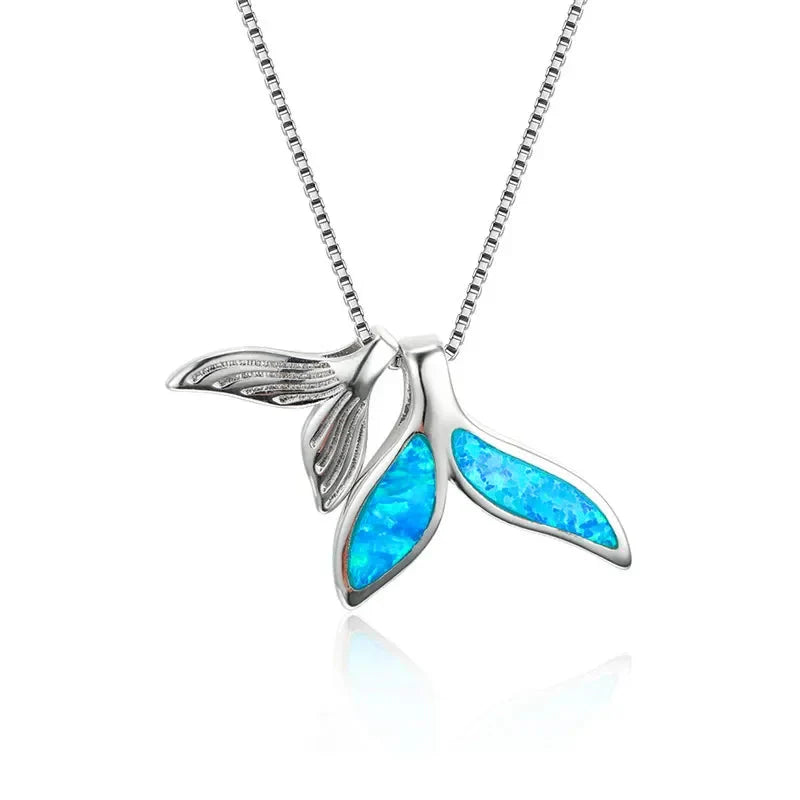 Boho Fashion Sea Animal Dolphin Pendant Necklace for Women Girl Inlay Imitation Blue Opal Necklace Wedding Party Jewelry