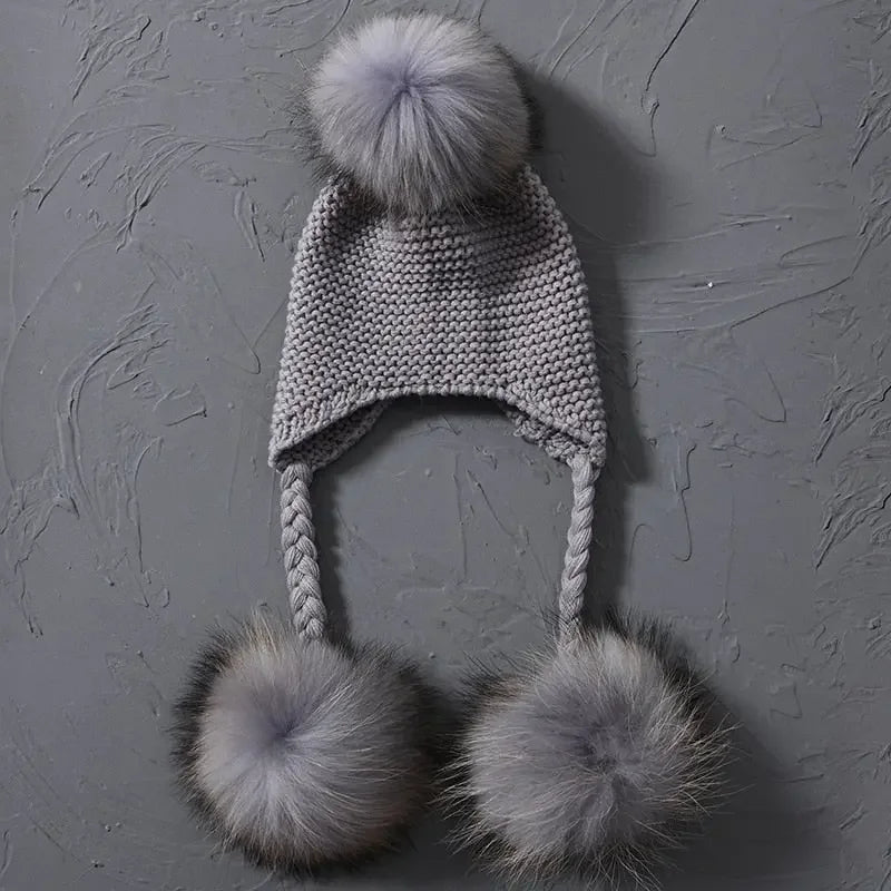 Knitted Baby Hat with Three Real Fur Pompom Children Beanie Boy Girl Natural Raccoon Fur Ball Kids Cap Cute Real Fur Pom Pom Hat