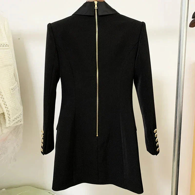 Designer Satin Notched Collar Blazer Dress With Metal Buttons