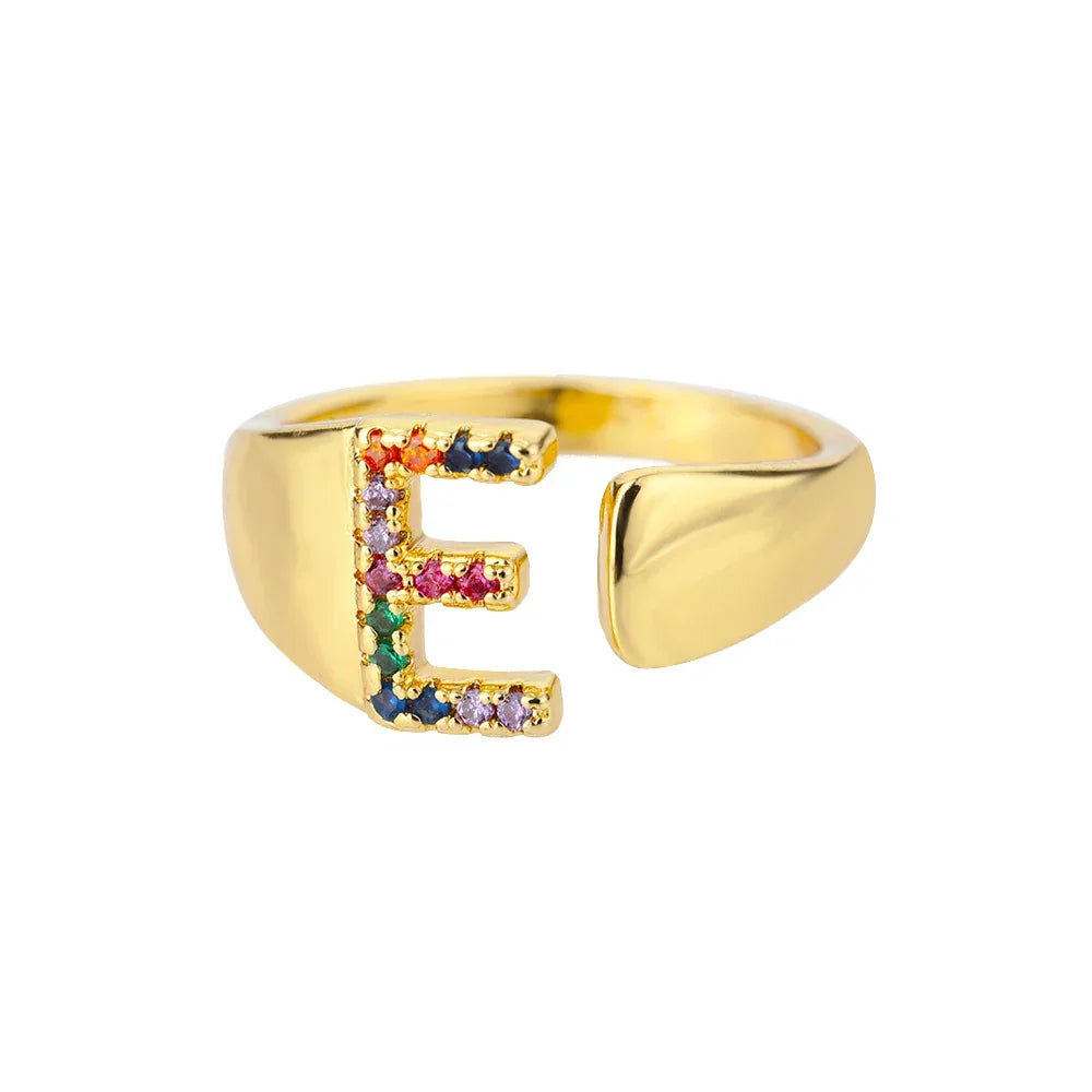 Rainbow Zircon Letter Rings For Women Fashion Chunky Wide Letter A-Z Stainless Steel Ring Wedding Boho Jewelry Gift 2024