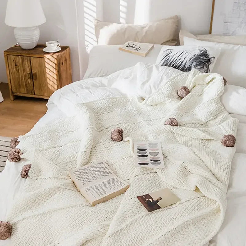 Chunky Knit Chenille Blanket With Pompoms