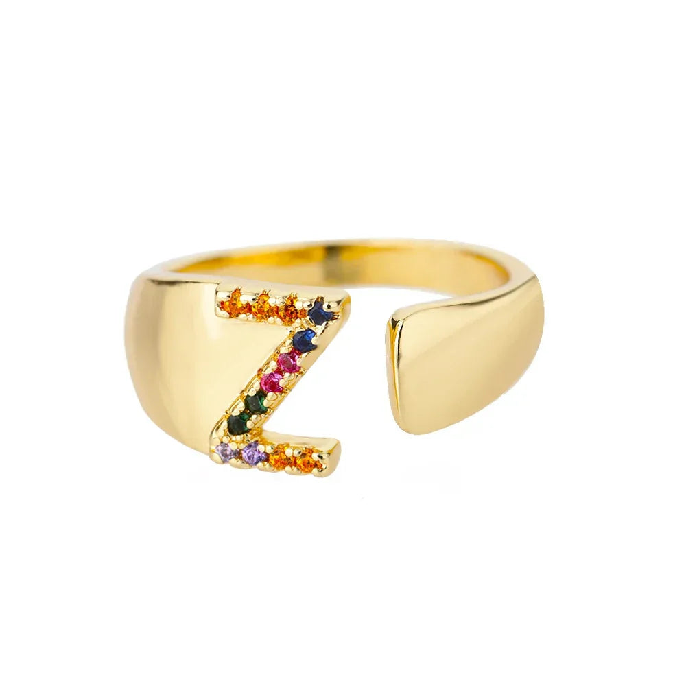 Rainbow Zircon Letter Rings For Women Fashion Chunky Wide Letter A-Z Stainless Steel Ring Wedding Boho Jewelry Gift 2024