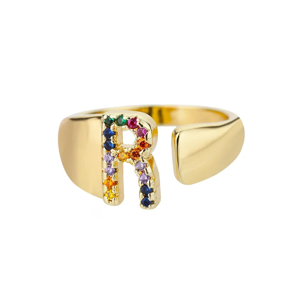 Rainbow Zircon Letter Rings For Women Fashion Chunky Wide Letter A-Z Stainless Steel Ring Wedding Boho Jewelry Gift 2024