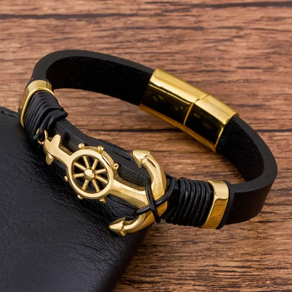 TYO Trendy Charm Woven Stainless Steel Magnet Rope Leather Anchor Bracelets Men Black Bangle Luxury Rock Hip Hop  Jewelry