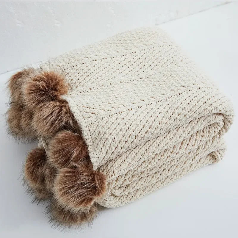 Chunky Knit Chenille Blanket With Pompoms