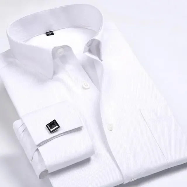 Men's Classic French Cuffs Striped Dress Shirt Single Patch Pocket Standard-fit Long Sleeve Wedding Shirts (Cufflink Included)