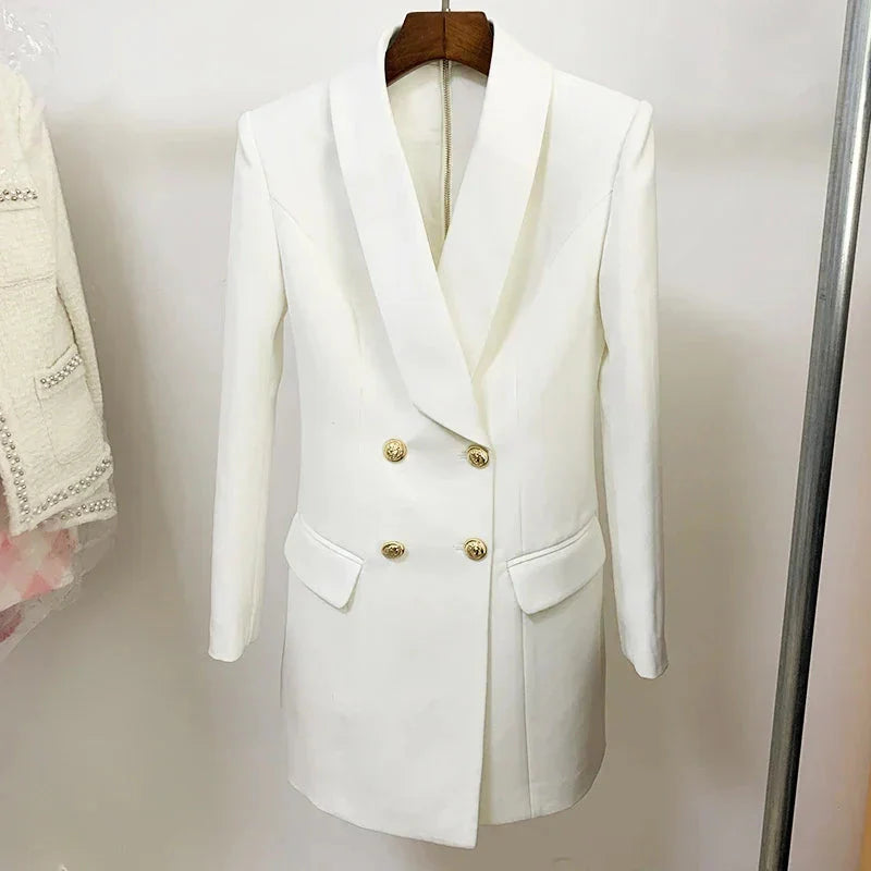 Designer Satin Notched Collar Blazer Dress With Metal Buttons