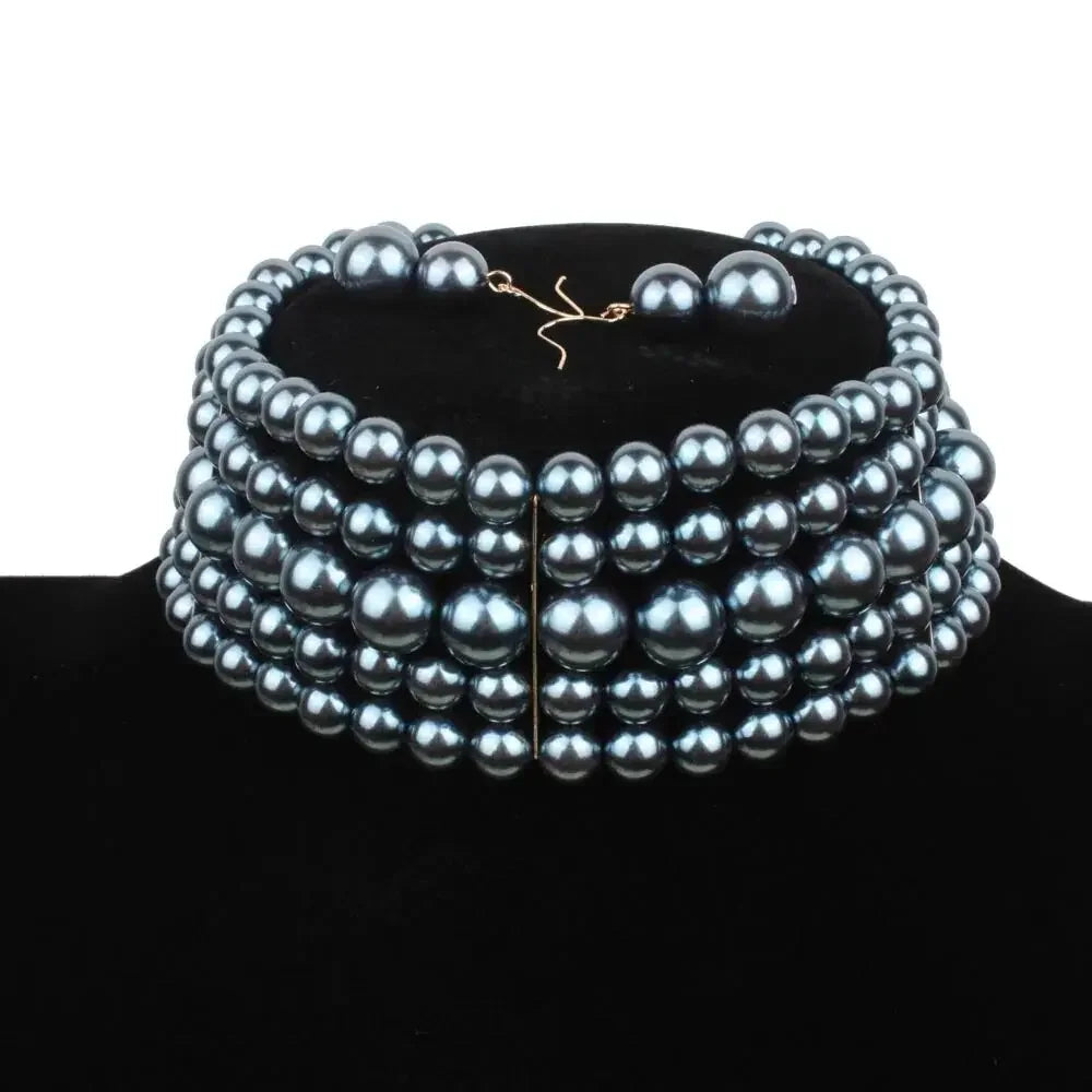 Pearl Necklace & Pendant Multi Layer Torques African Necklace Sets Dubai Wedding Bridal Jewelry Luxury Women Fashion Collar