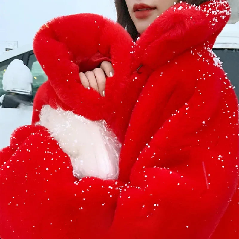 Nerazzurri Oversized Red Thick Warm Soft Fluffy Faux Fur Coat Women 2022 Raglan Seeve Stylish Thick Long Fur Coats for Winter