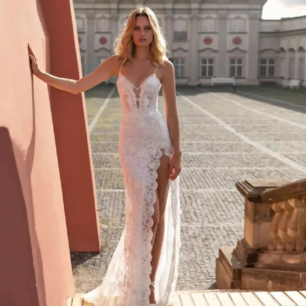 Mermaid Lace Backless Side Split Spaghetti Strap Bridal Gown