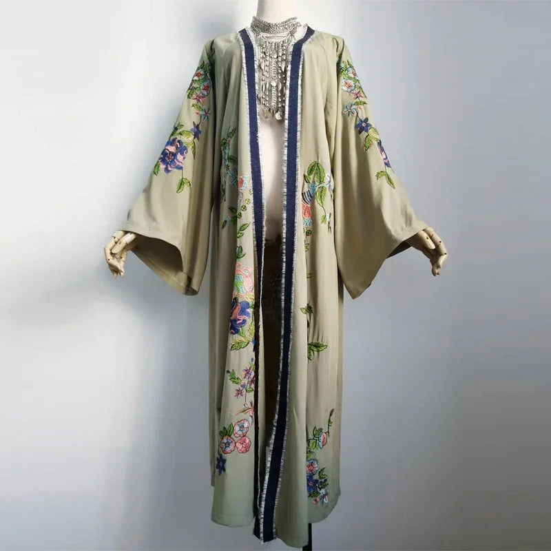 Long Boho Floral Embroidery Beach Kimono