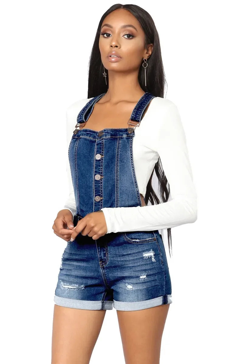 Short Denim Overalls Women Hole  Jumpsuit High Waist Casual Jeans Playsuit Washed Salopette Straps 2019 Summer  Romper