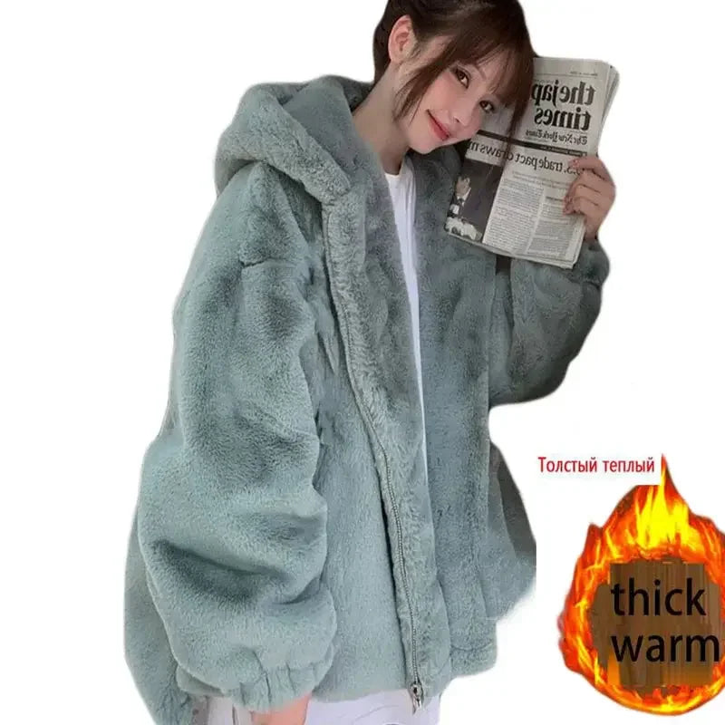 Women Korean Large Sizes Winter Casual Faux Rabbit Fur Coats Luxury Hooded Loose Thicken Warm Short Outerwear Female