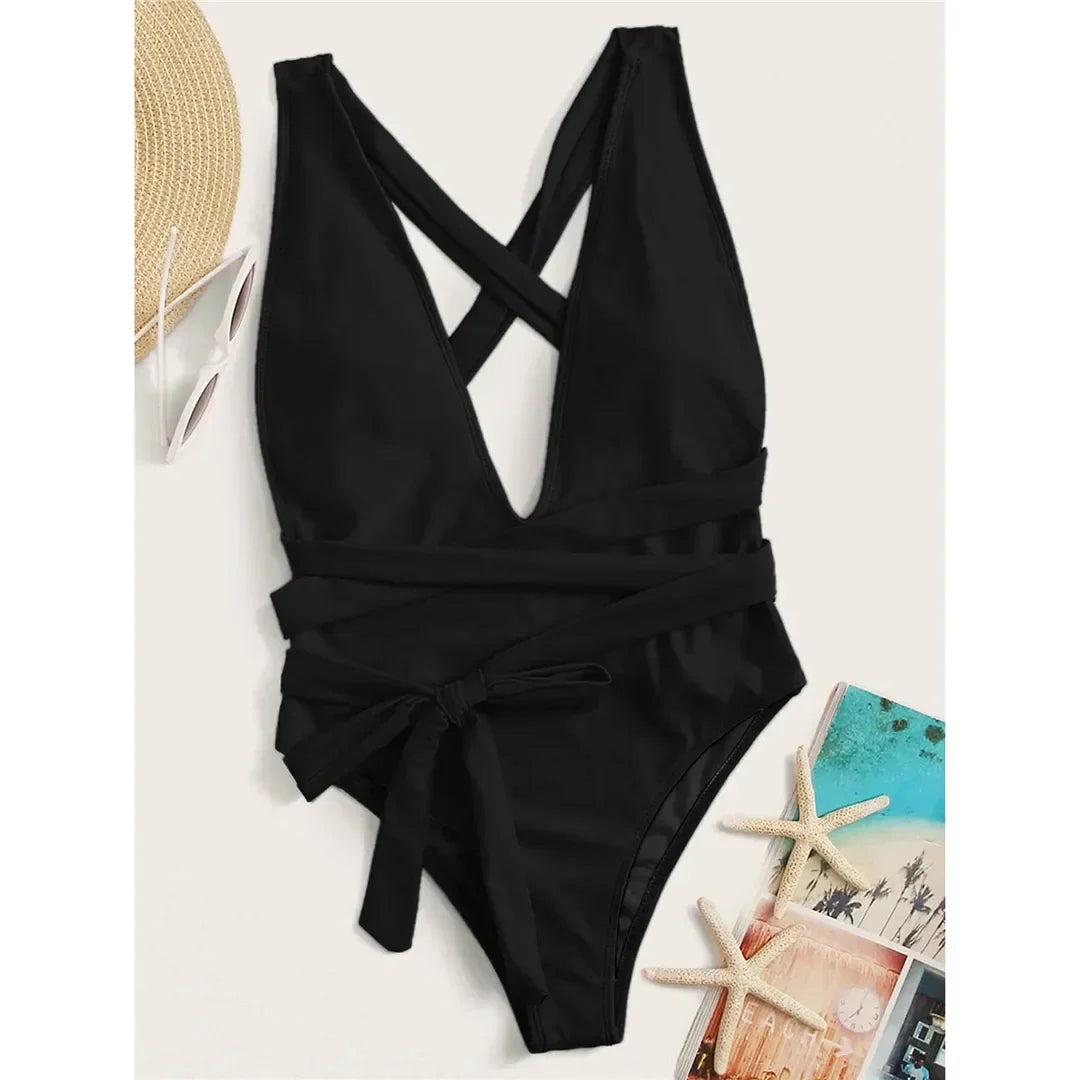 New Sexy Long Wrap Around Deep V One Piece Swimsuit Women Swimwear Female High Cut Monokini Bather Bathing Suit Swim Lady V1639W