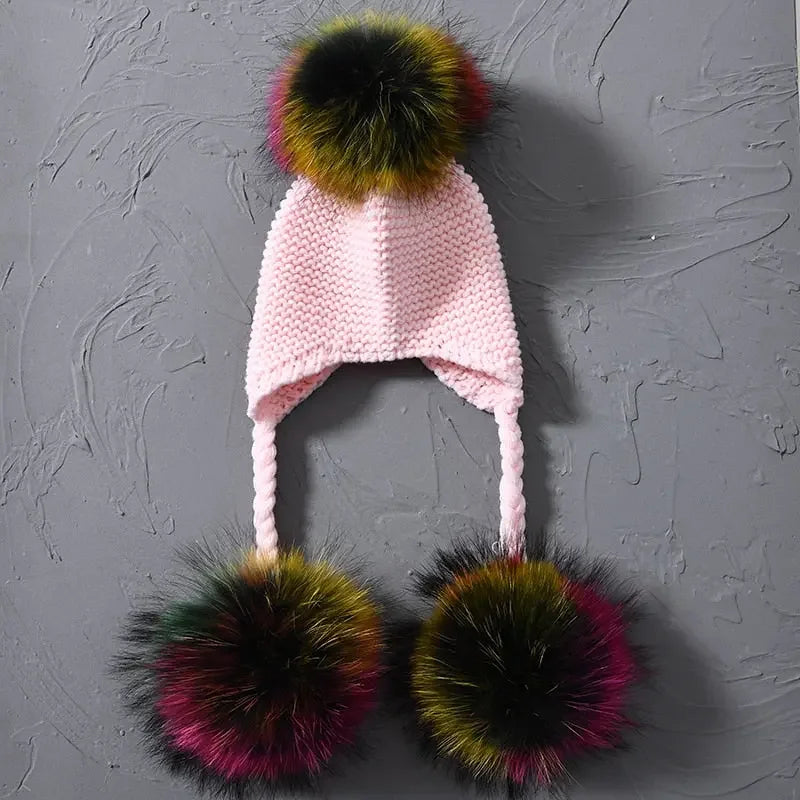 Knitted Baby Hat with Three Real Fur Pompom Children Beanie Boy Girl Natural Raccoon Fur Ball Kids Cap Cute Real Fur Pom Pom Hat