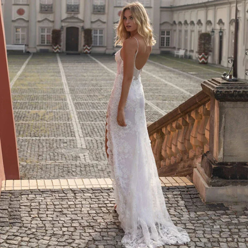 Mermaid Lace Backless Side Split Spaghetti Strap Bridal Gown