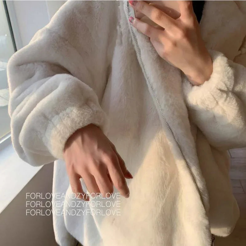 Women Korean Large Sizes Winter Casual Faux Rabbit Fur Coats Luxury Hooded Loose Thicken Warm Short Outerwear Female