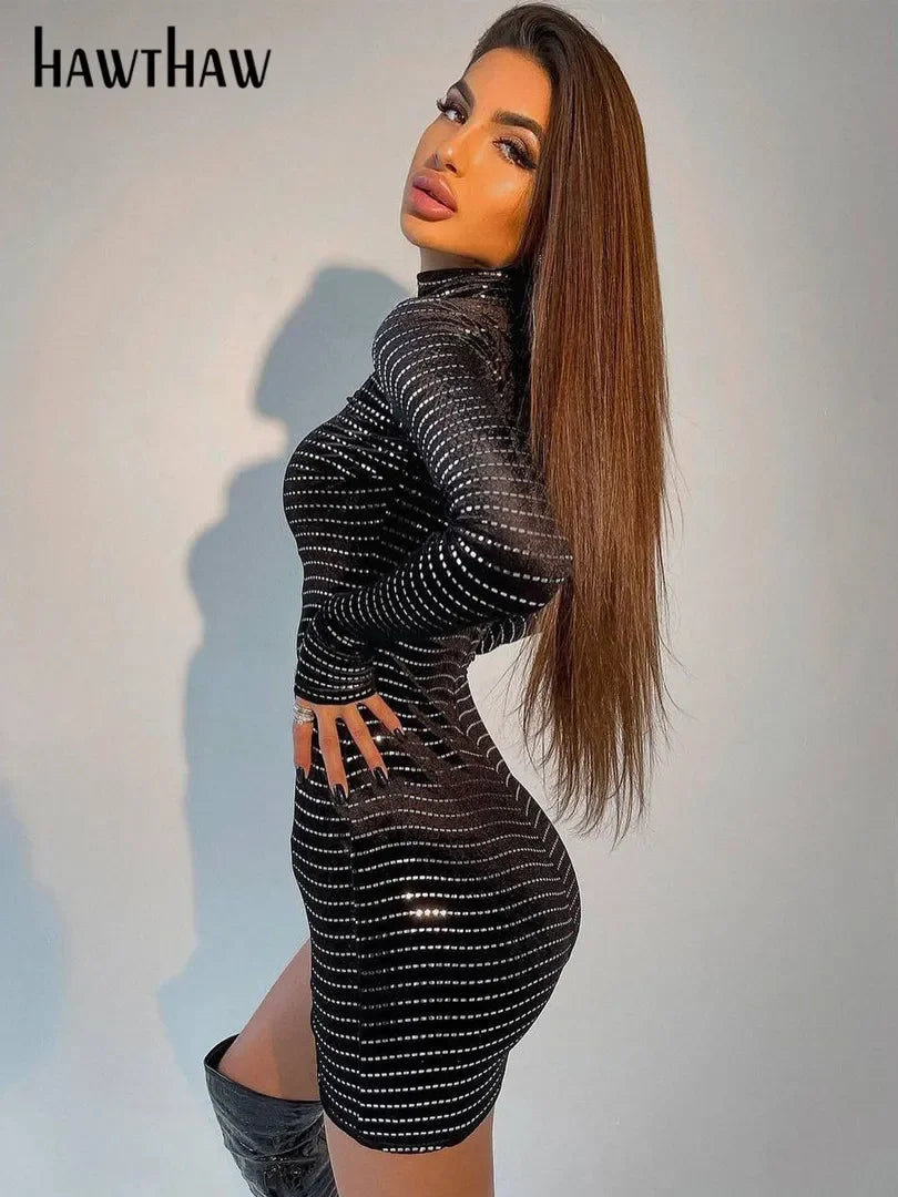 Hawthaw Women Fashion Autumn Winter Long Sleeve Bodycon Party Club Black Sequin Mini Dress 2021 Wholesale Items For Business