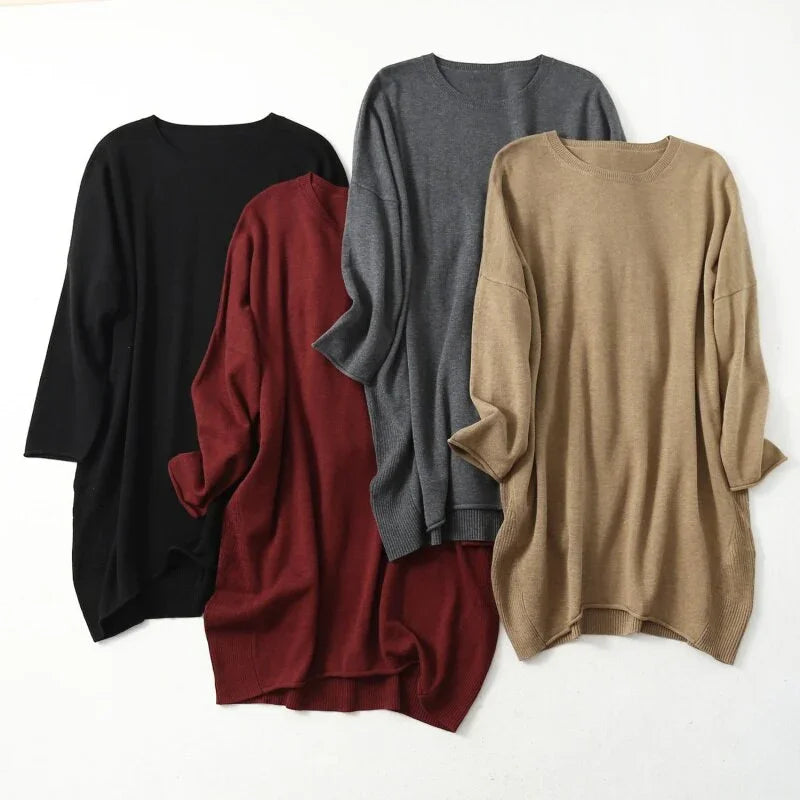 Women's 85% Silk 15% Cashmere Crew Neck Long Loose Type Pullover Top Sweater Dress LY001